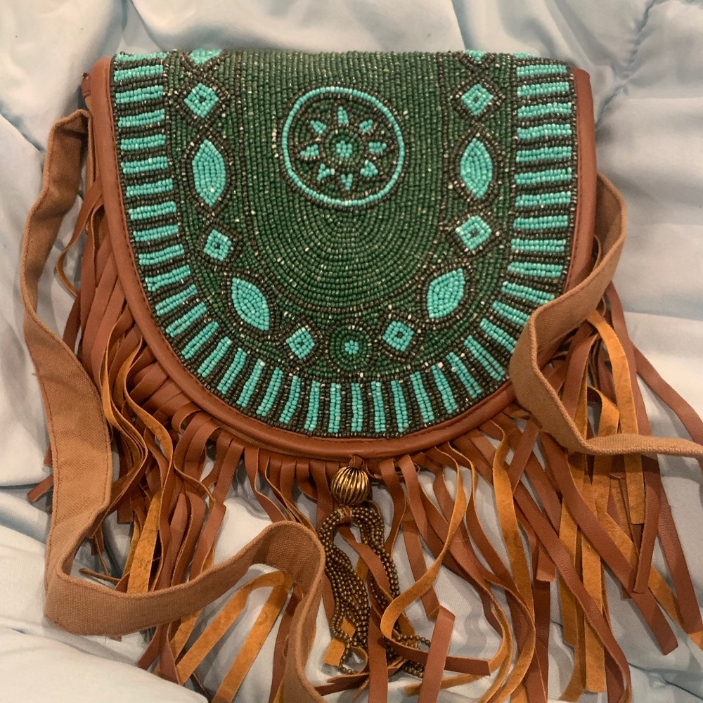 Turquoise and Brown beaded shoulder bag